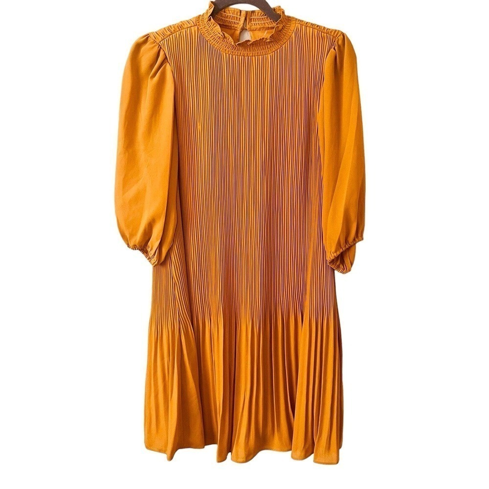 Nanette Lepore Size 10 Dress Pleated Lined Drop Waist Mock Neck Mustard Yellow